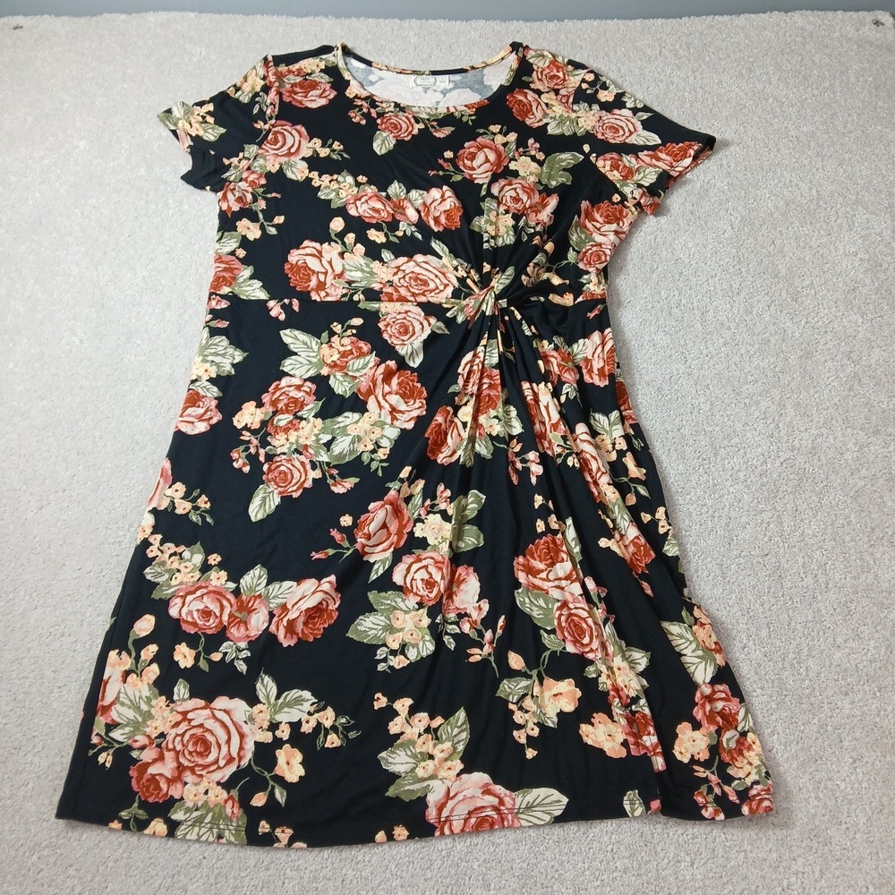Womens Maurices 24/7 Front Knot Black Floral Dress Short Sleeve Size Large